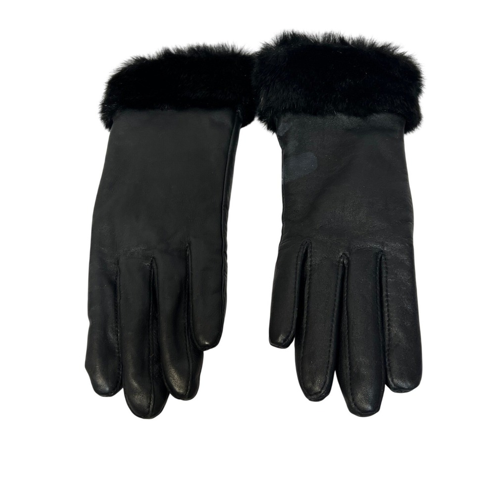 Charter Club Womens Gloves Genuine Leather Faux Fur Trim M Black Cold Weather